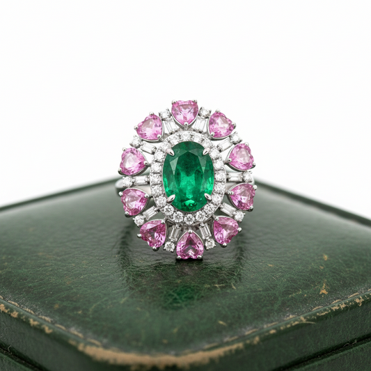 Modern Emerald, Pink, Sapphire, Diamond 18Kt White Gold Ring