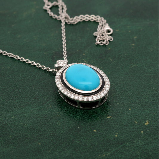 Modern Diamond, Turquoise & Black Enamel 14Kt White Gold Necklace