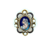 Mid Century French Limoge Portrait  " Asciore France" Enamel, Cultured Pearl Pendant/Brooch, Earring Set