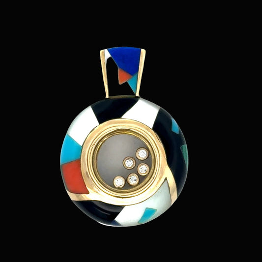 Estate Designer KFJ Diamond & Multi Color 14Kt Yellow Gold Pendant.