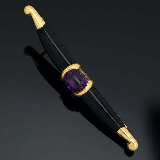 Estate Designer Amethyst & Onyx 18Kt Yellow Gold Brooch