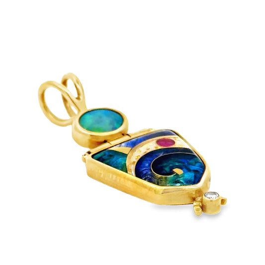 Estate Designer Ricky Frank 18K/22K Yellow Gold Opal & Cloisonne Pendant