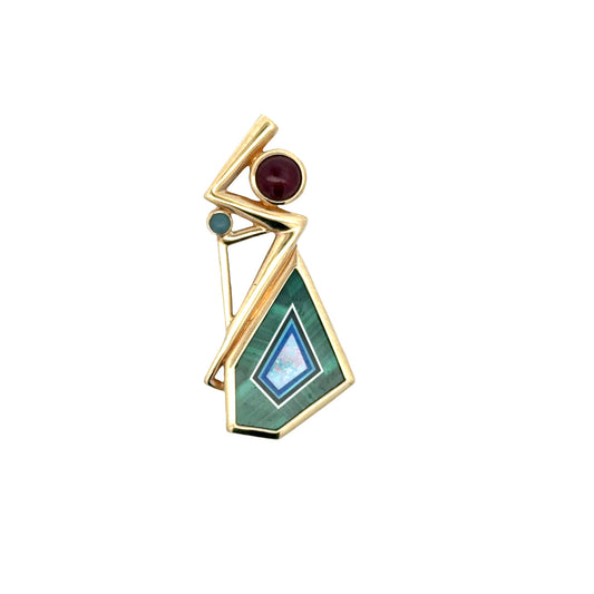 Estate Designer Malachite, Garnet, Opal, Onyx 14K Yellow Gold Pendant.
