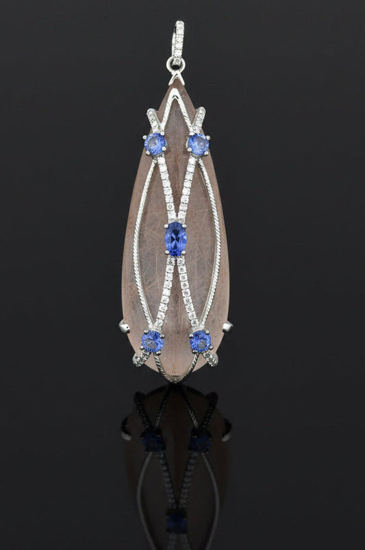 Estate Designer LM Diamond, Tanzanite, Quartz 18Kt White Gold Pendant