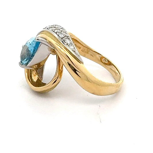 Estate Custom Italian Designer  Aquamarine Diamond Platinum 18K Yellow Gold Ring 14789