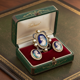 Mid Century French Limoge Portrait  " Asciore France" Enamel, Cultured Pearl Pendant/Brooch, Earring Set