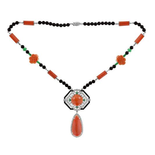 Art Deco Style Coral Diamond Onyx Emerald 18k White Gold Necklace