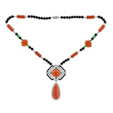 Art Deco Style Coral Diamond Onyx Emerald 18k White Gold Necklace