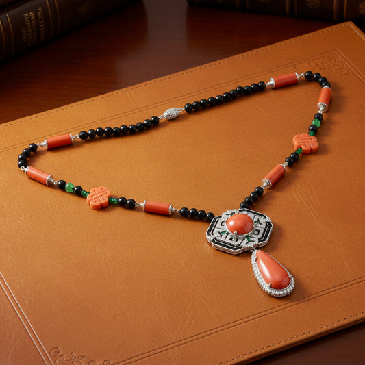 Coral Diamond Onyx Emerald 18k White Gold Necklace