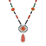 Art Deco Style Coral Diamond Onyx Emerald 18k White Gold Necklace