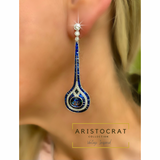 Art Deco Reproduction Aristocrat Sapphire 11.70 cttw 112 Diamond 1 cttw Dangle Earrings 18K PD 13.24 g 10990