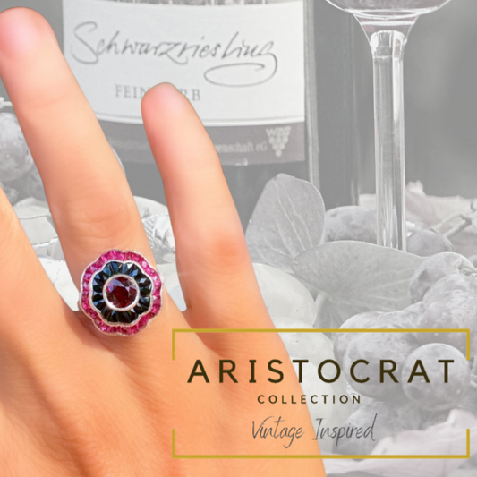 Art Deco Reproduction Aristocrat Ruby, Onyx, Diamond and 18K White Gold Ring