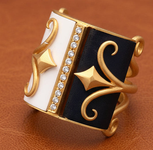 Fibula Diamond and Cermamic 18K Yellow Gold Ring