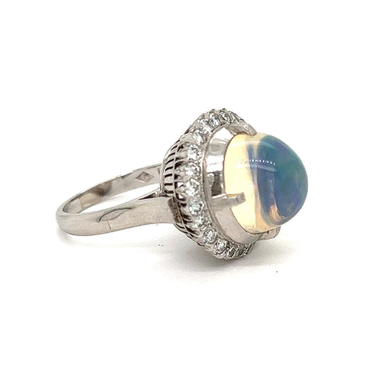 Opal and Diamond Platinum Halo Ring