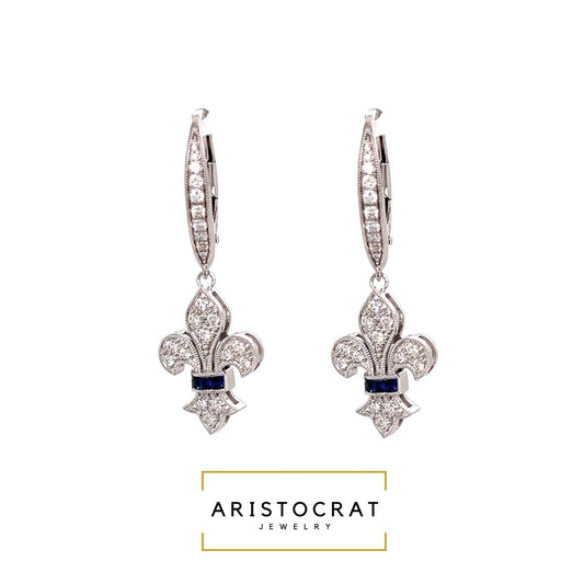 Art Deco Reproduction Aristocrat Diamond and Sapphire Fleur-de-lis Dangle Earrings 11802