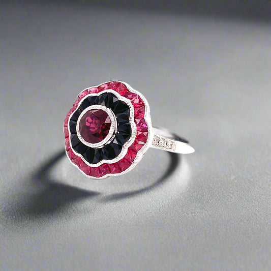 Art Deco Reproduction Aristocrat Ruby, Onyx, Diamond and 18K White Gold Ring