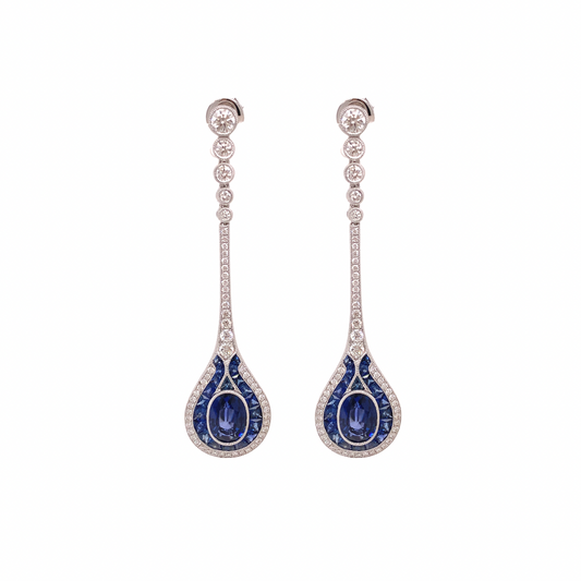 Aristocrat Art Deco Style 5.95 ctw Sapphire and Diamond18K White Gold Dangle Earrings