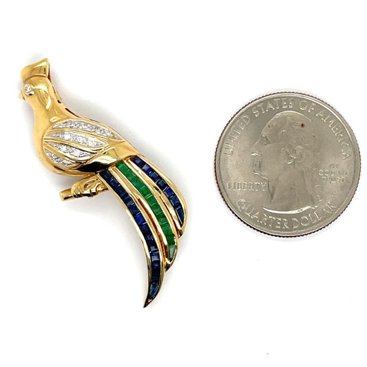 Estate Bird Diamond Sapphire Emerald Brooch 13290