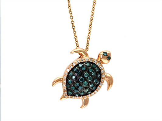 E.H. Collection 14K Rose Gold White and Blue Diamons Turtle Pendant With Chain 12464