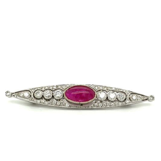 Filigree Ruby and Diamond 14K White Gold Brooch