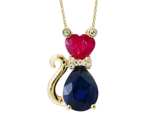 E.H. Collection Sapphire, Ruby and Diamond Cat Pendant With Chain 12111