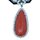 Art Deco Style Coral Diamond Onyx Emerald 18k White Gold Necklace