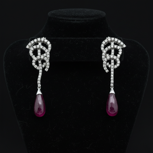 Designer Bergio Diamond and Rubellite 18kt White Gold Earrings