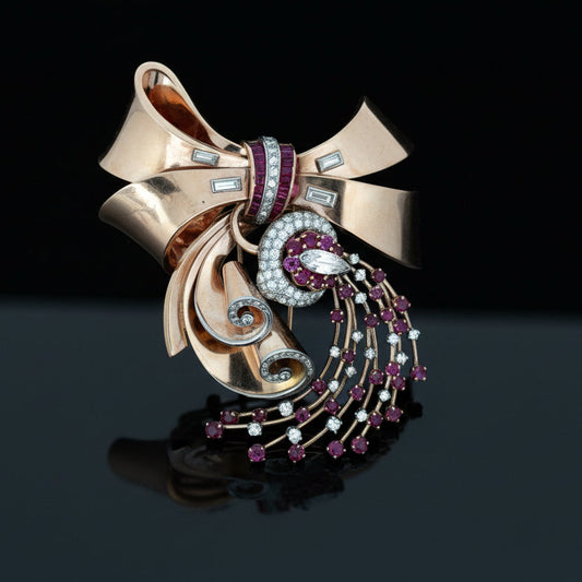Retro 1940's Diamond, Ruby and 14k Rose Gold Pendant/Brooch
