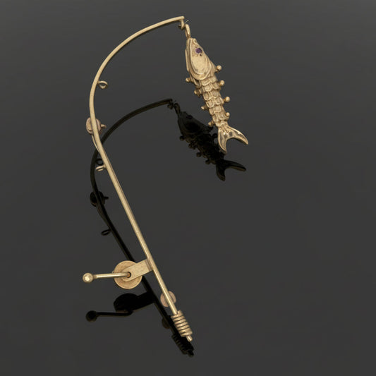 THe Wicked Tuna Fisherman Captain 14k Yellow Gold Articulating Fishing Pole and Reel Brooch
