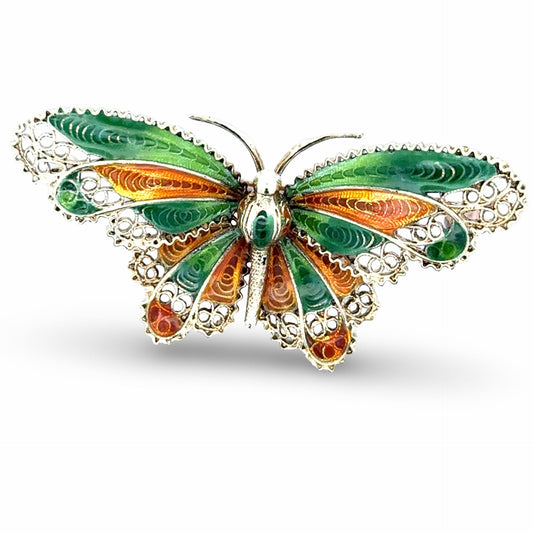 Plique A Jour Green and Orange Enamel 14K Yellow Gold Butterfly Brooch