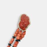 Italy Diamond, Coral and Onyx 18K Yellow Gold 3 Row Necklace