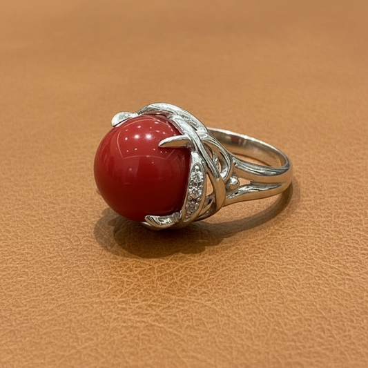 Natural Coral and Diamond Platinum Ring