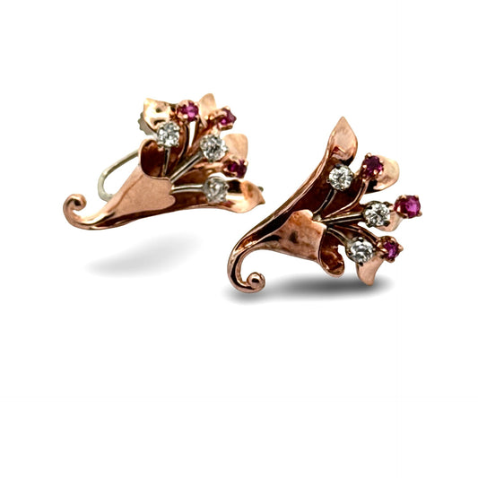 1940's Retro Diamond and Ruby 14k Rose & White Gold Earring