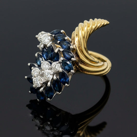 Vintage Diamond and Sapphire Freeform 14k Yellow and White Gold Ring