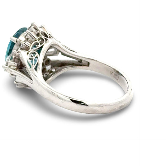 Blue Zircon and Diamond Platinum Ring