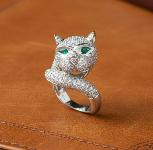 Panther, Diamond, Emerald and 18K White Gold Ring