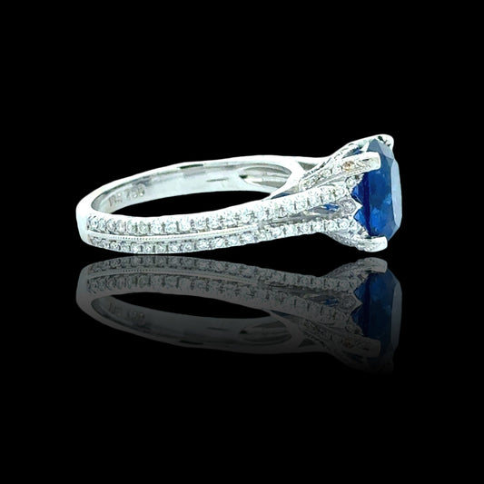 Fine Cushion Cut Sapphire and Diamond 18K White Gold Ring