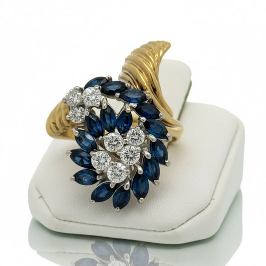 Vintage Diamond and Sapphire Freeform 14k Yellow and White Gold Ring
