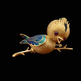 Osprey  "Crowned Bird On A Branch" garnet, green, red, black enamel 18K Yellow Gold Brooch/Pendant