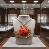 1960's Carved Coral Motif and 14k Yellow Necklace