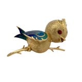 Osprey  "Crowned Bird On A Branch" garnet, green, red, black enamel 18K Yellow Gold Brooch/Pendant