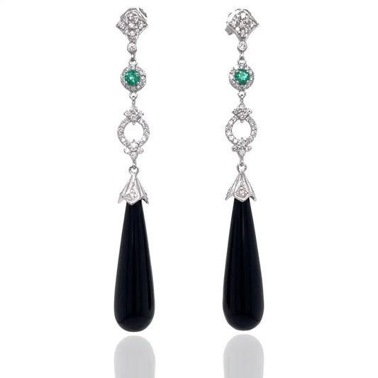 Art Deco Reproduction Aristocrat 13.54 cttw Onyx and Diamond/Emerald Dangle Earrings 12508